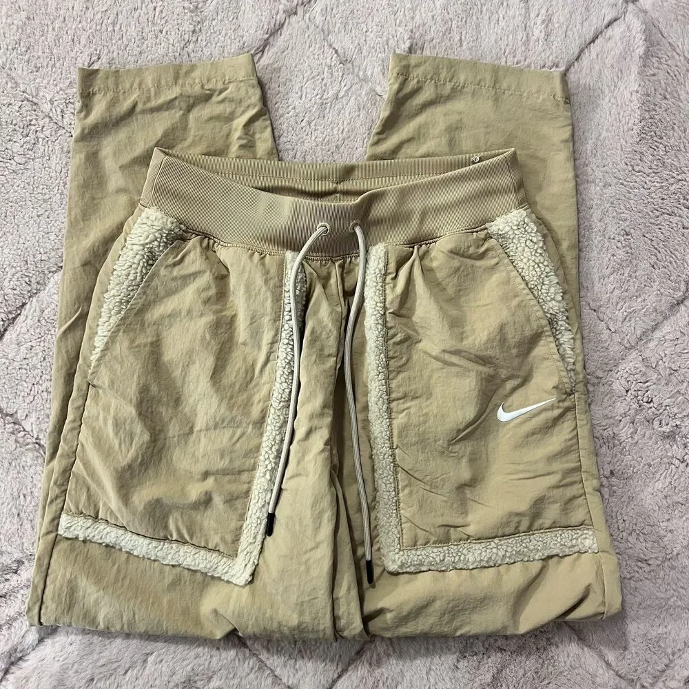 Nike Womens Tan Sherpa Trimmed High Rise Jogger Pants Small Nylon Sporty Street
